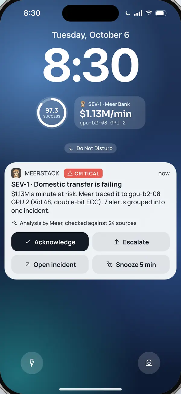Phone lock screen with a SEV-1 page showing dollars at risk per minute