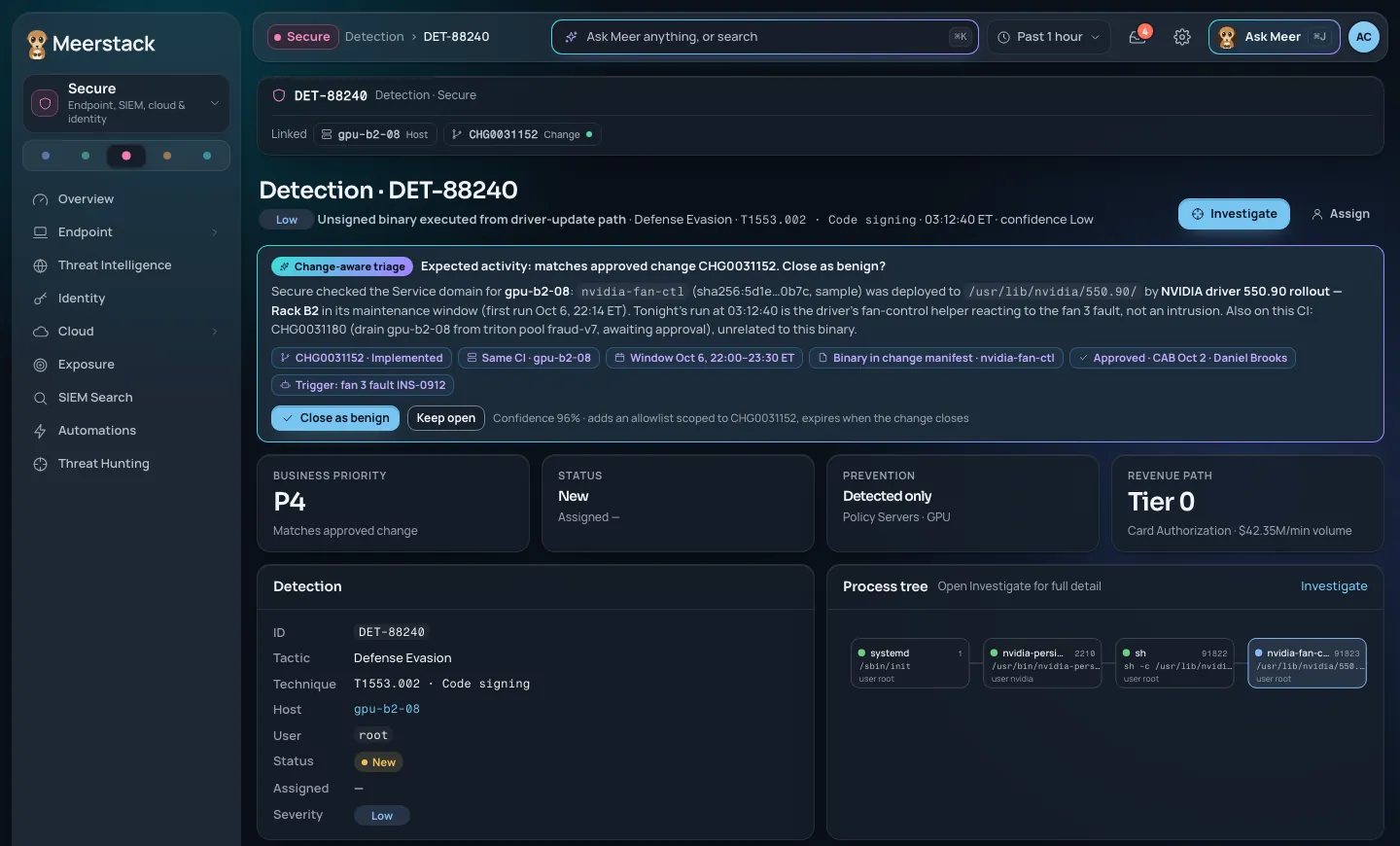 Detection view: a detection explained by an approved change, with linked host, change and process tree