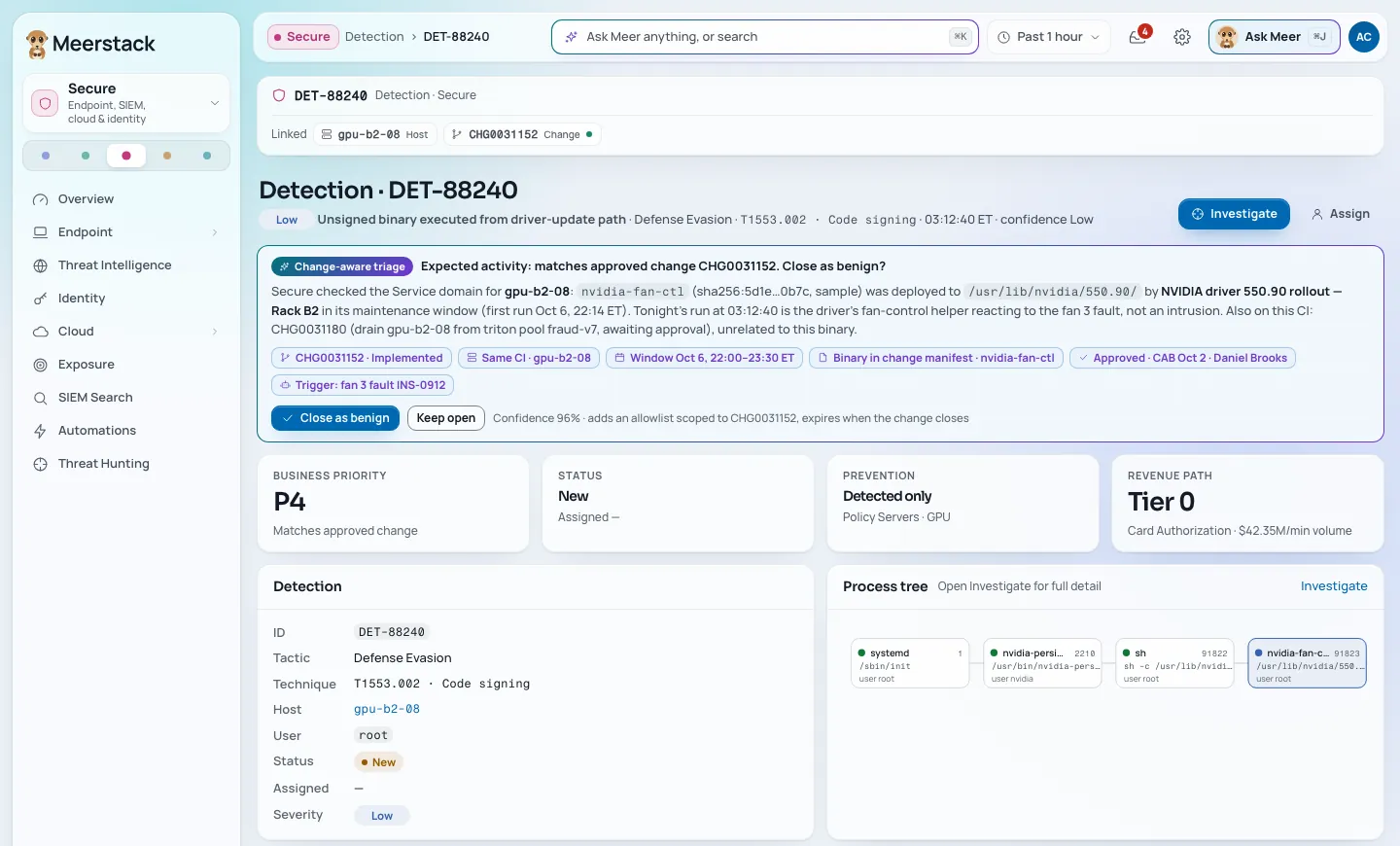 Detection view: a detection explained by an approved change, with linked host, change and process tree